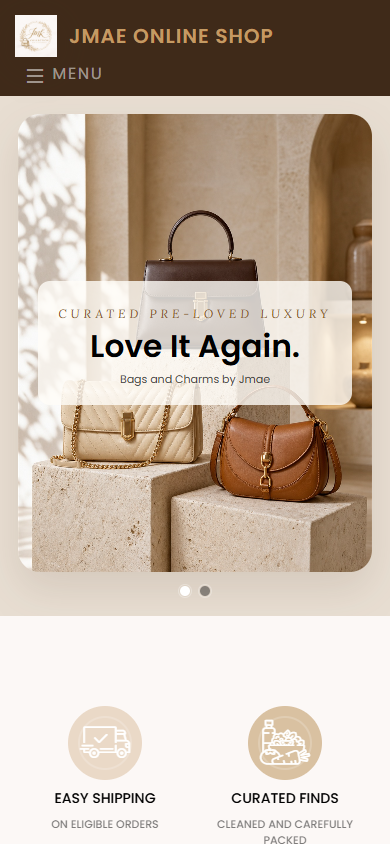 JMK Collection mobile storefront showing its curated pre-loved bag collection
