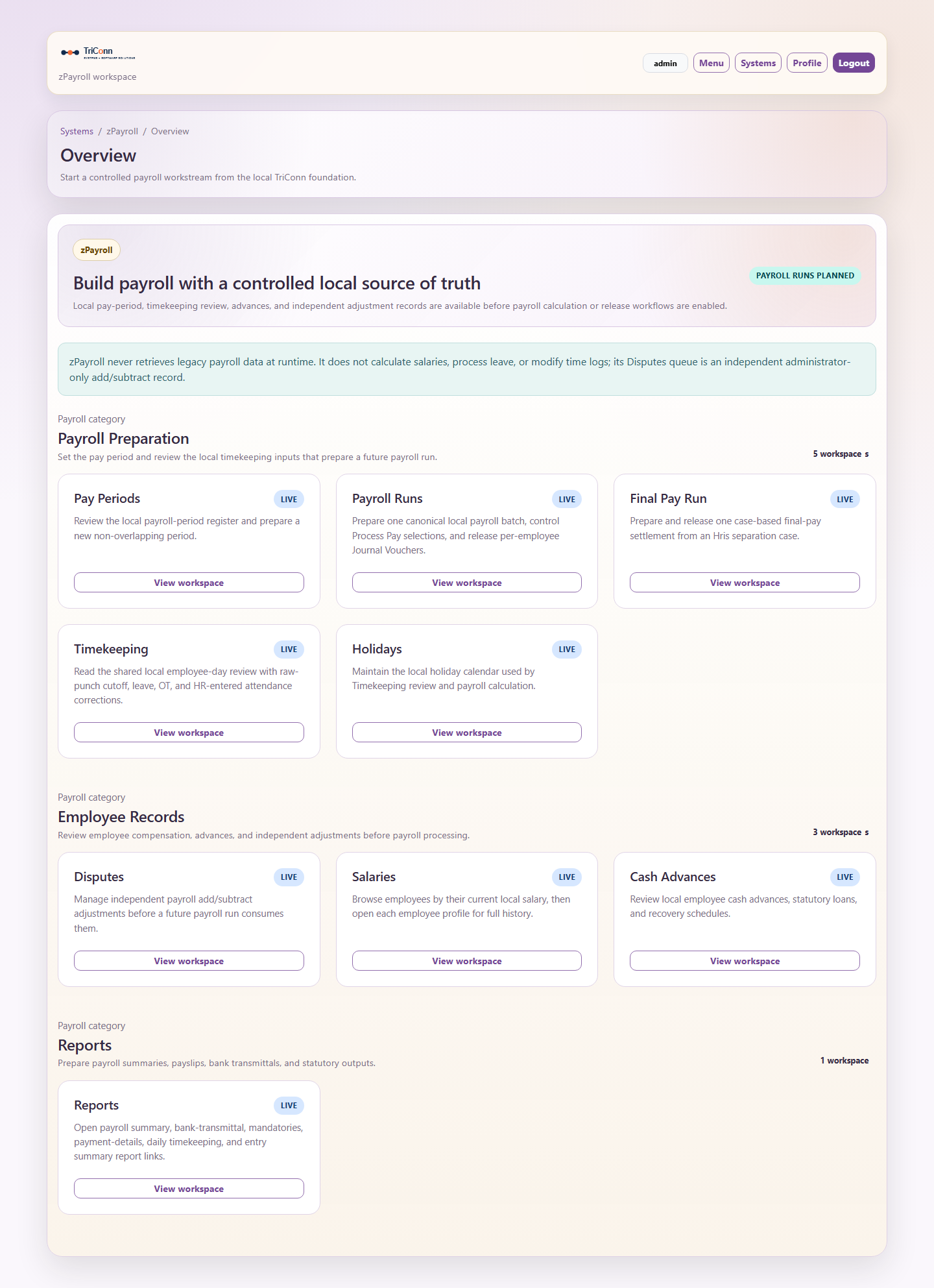 znSuite zPayroll overview workspace